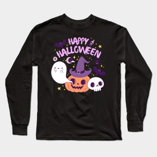 Happy halloween a Cute witch pumpkin with a ghost and pats friends Long Sleeve T-Shirt